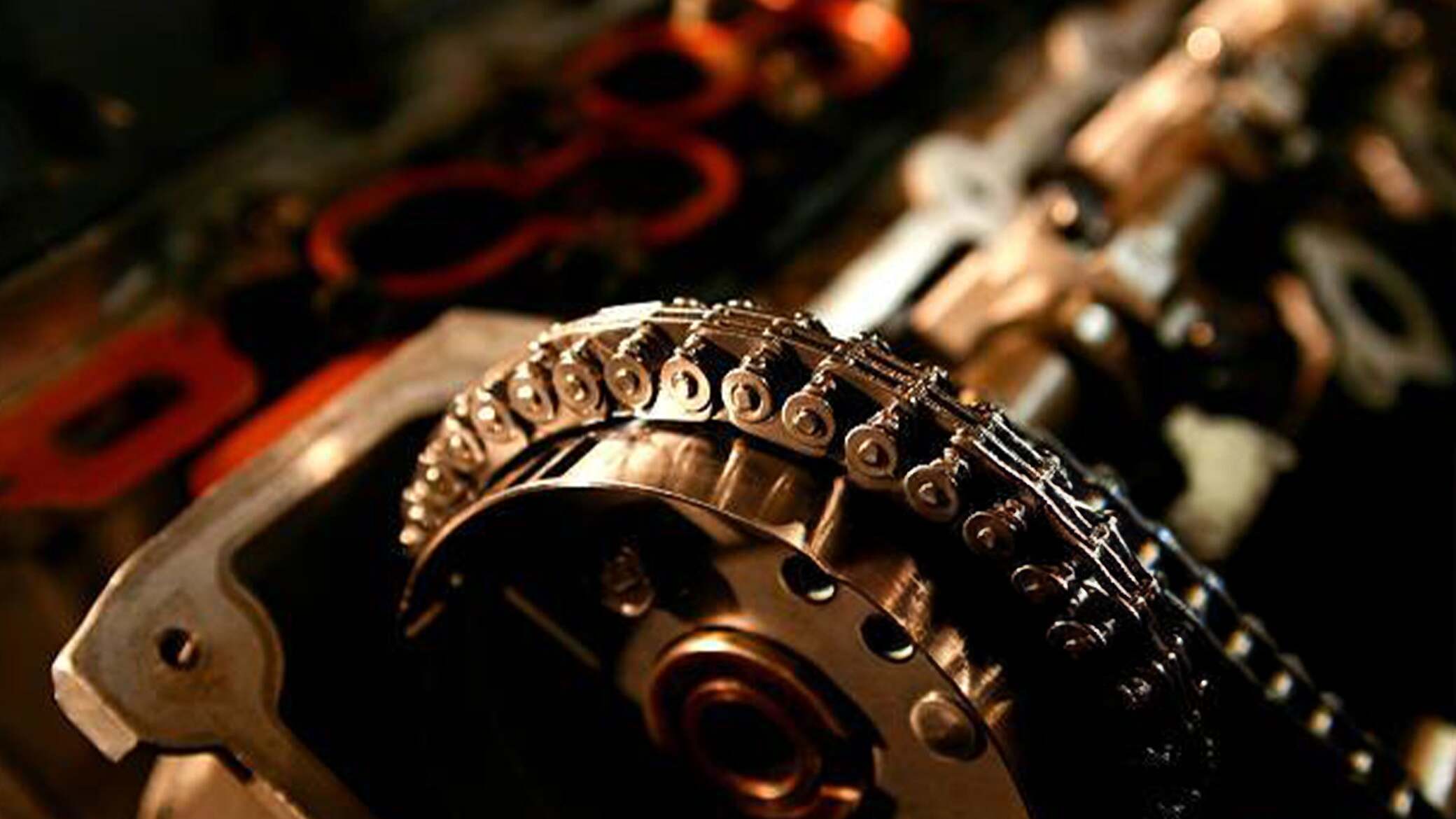 BMW N20 engine timing chain replacement showing chain, guides, and tensioner components